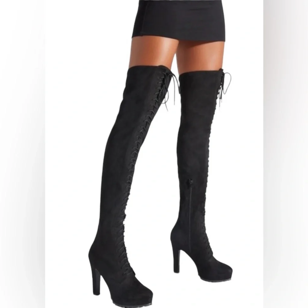 Sexy Black thigh high over the knee platform lace up stretch with zipper